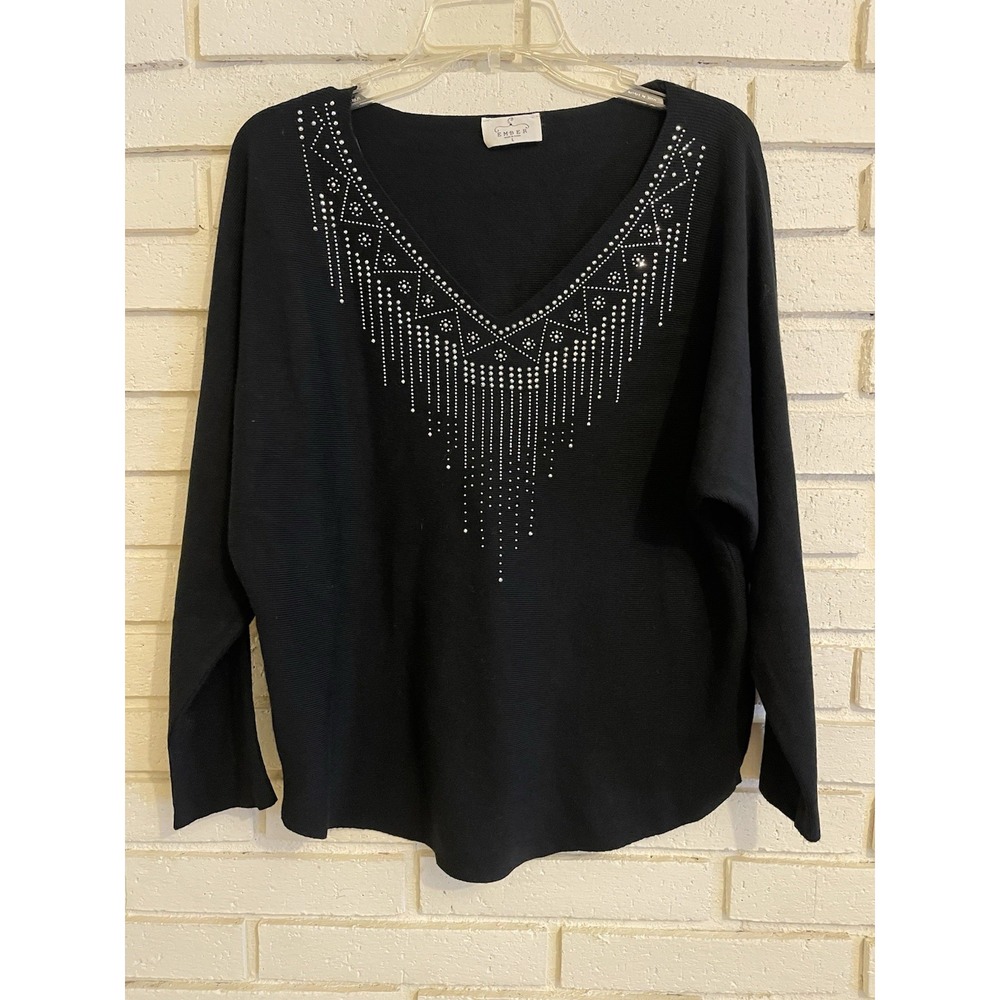 Ember Black Beaded Neckline V-neck Sweater Size Large Beautiful Sparkle NWOT